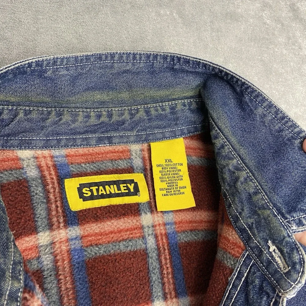 Vtg Stanley Denim Shirt Jacket Mens Sz XXL Blue Plaid Fleece Lined Work Thrashed